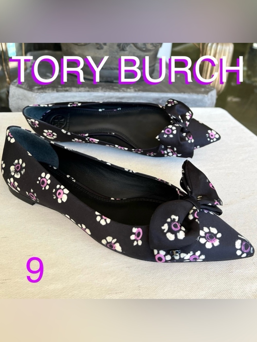 TORY BURCH Satin Bow Floral flats size 9